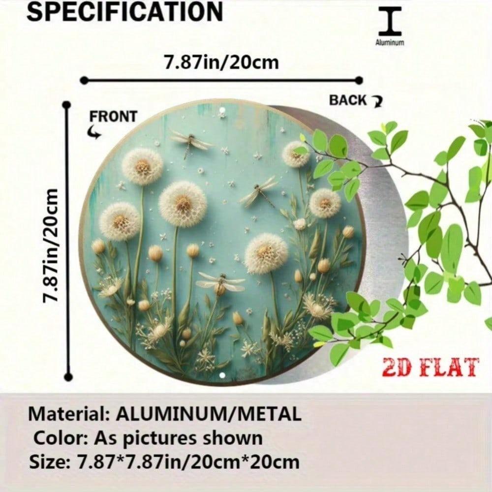 Vintage Dragonfly Wildflower Round Metal Wall Art, Rustic Aluminum Sign for Home Decor