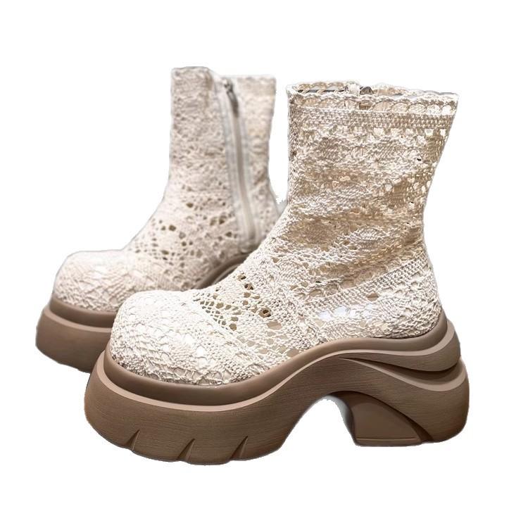 Thick-soled lace mesh cool boots fairy fairy wind 2025 summer new hollow breathable short boots thin Martin boots