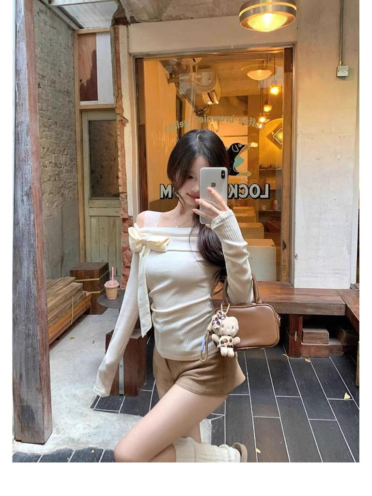 Pure Desire Pink One-Shoulder Bow Lace Top - Sweet & Spicy Autumn/Winter Women's Base Layer