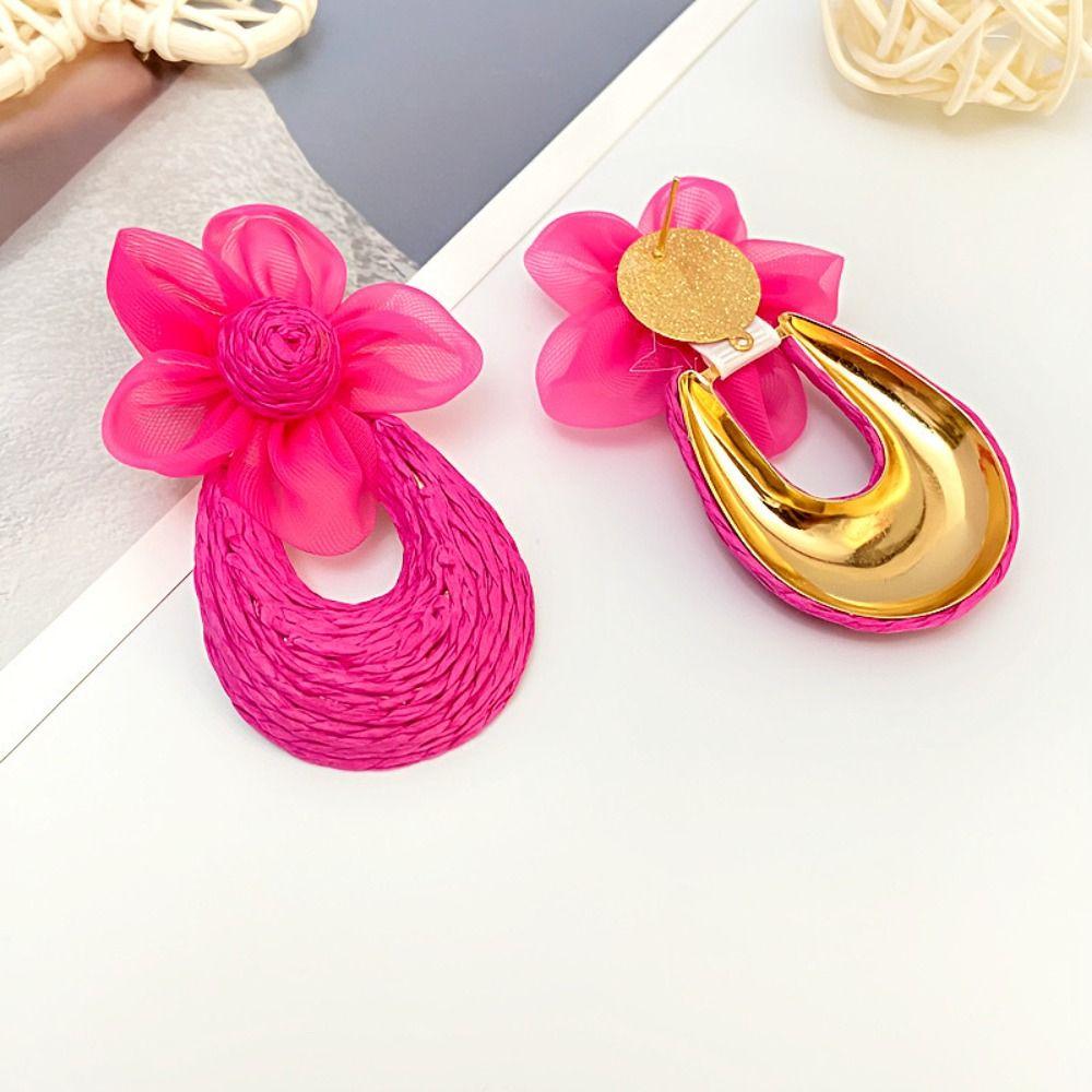 U-shaped Straw Weave Earrings Sweet Beach Drop Earrings Mesh Flower Earrings  Girls Gift