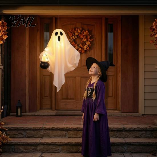Lightweight Festival Party Supplies Halloween Hanging Ghost with LED Lights, Spooky White Gauze Glowing Ornament, Creepy Cauldron Decor Flexible