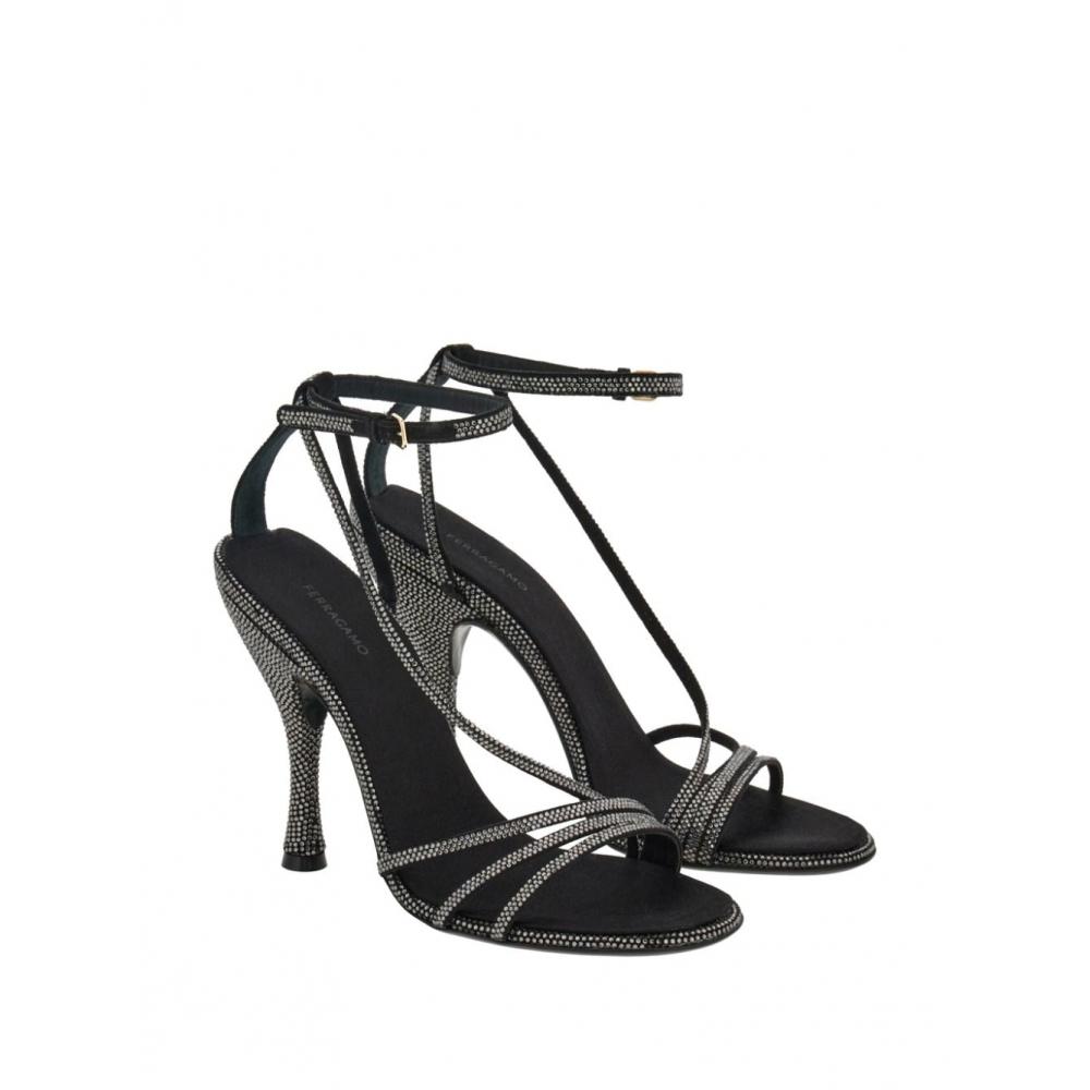 Ferragamo High Heeled Black Goat Suede Sandals Grey