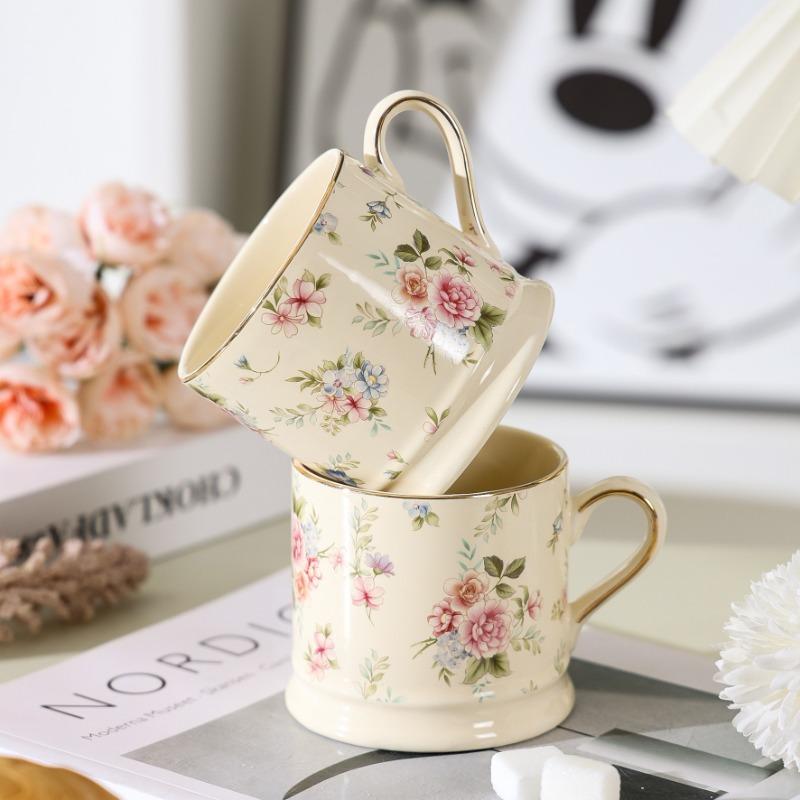 European Floral Mug Vintage Ceramic Coffee Cup Gold Painted Afternoon Tea Ceramic Cup Home Breakfast Milk Oatmeal Mug Gift 290ml