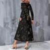 Women Plus Size Black Floral Printed Long Sleeve Round Neck A Line Midi Dress With Pockets