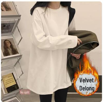 Bílý bavlněný svetr s dlouhým rukávem pro ženy - Střední délka, sametová podšívka, zakrývající hýždě. Perfektní vrstva na podzim/zimu.