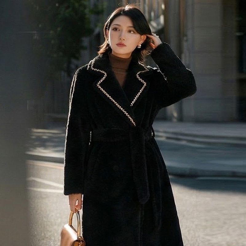 Retro Style Black Long Double-sided Woolen Jacket Women's Suit Collar Waist Coat Temperament Celebrity High Sense
