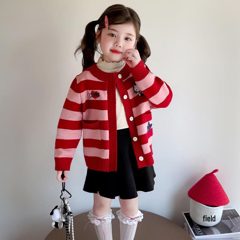 Girls' 2025 Autumn Knitted Cardigan Coat with Cat Cartoon Stripes