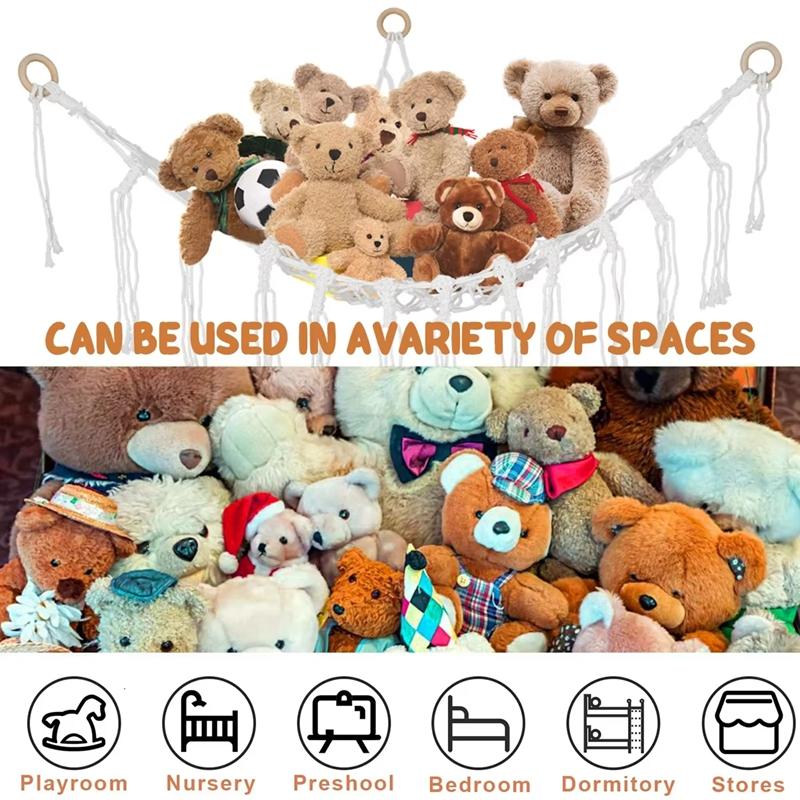 Triangular Toy Hammock Handwoven Cotton Rope Wall Storage for Stuffed Animals Plush Toys and Decor Macrame Toy Net With Fringe