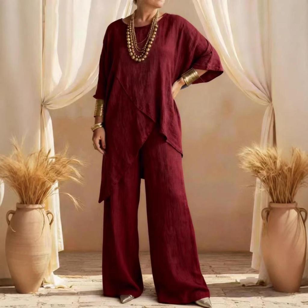 2026 Summer European & American Women's Cotton-Linen Two-Piece: Loose Casual Suit with Irregular Hem
