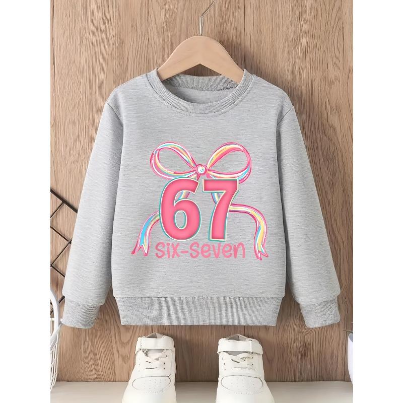 Kids Unisex Crewneck Sweatshirt, Cute Pastel Rainbow Bow Pink 67 Six-Seven Girly Print Long Sleeve Pullover, Soft Sweatshirts for Boys Girls Ages 4+