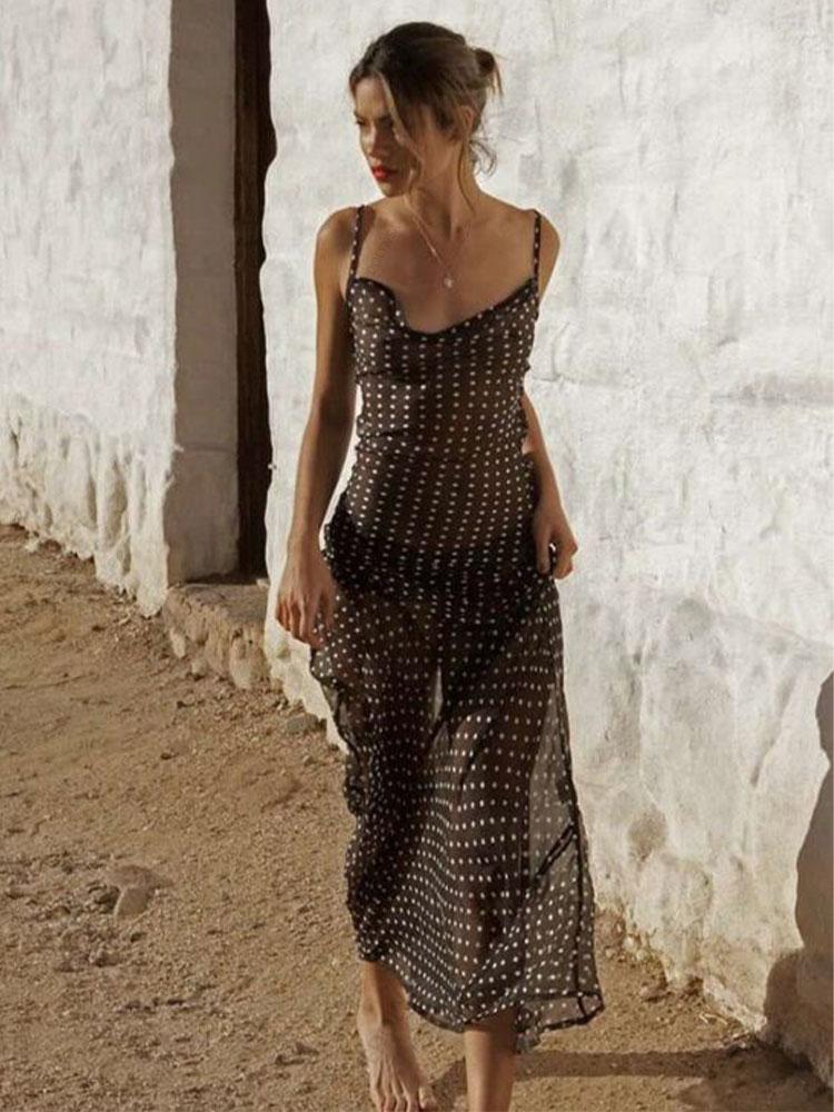 EDOLYNSA 2024 Black Fashion Polka Dots Sexy See Through Spaghetti Strap Beach Maxi Dress Women Summer Party Slip Dresses Swimsuit Cover Up
