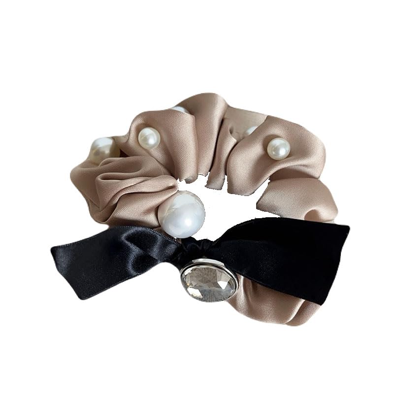 Avance Hair Jeweled Hair Pearl Cute and Adult Khaki Accessories, Ribbon, Tie, Scrunchie, Women's, Black, Beige, (Beige)