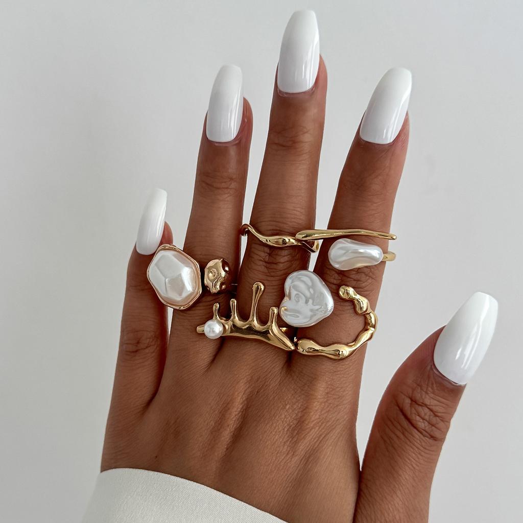Design Sense Liquid Metal Glossy Ring Set, Baroque Imitation Pearl Open Ring