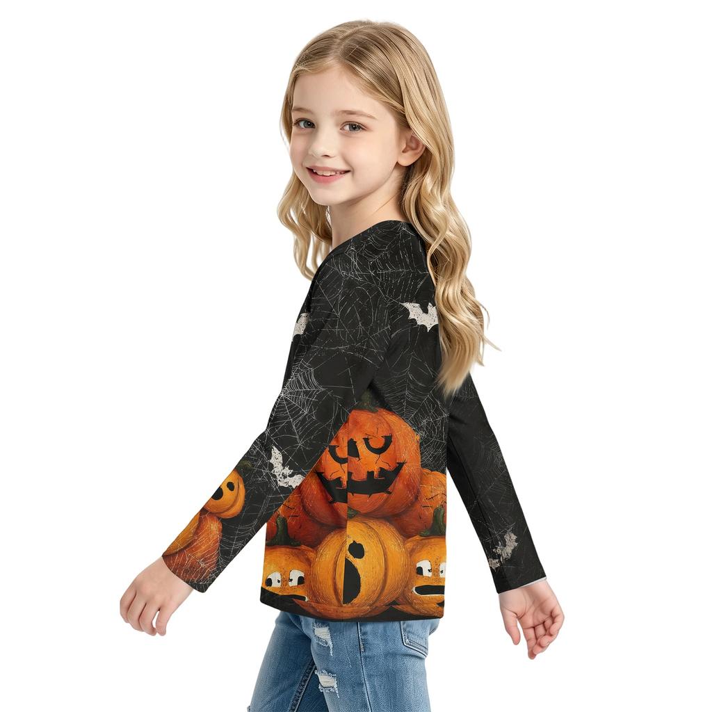 Kids Long Sleeve T-Shirt with Halloween Print, Round Neck, for Boys and Girls
