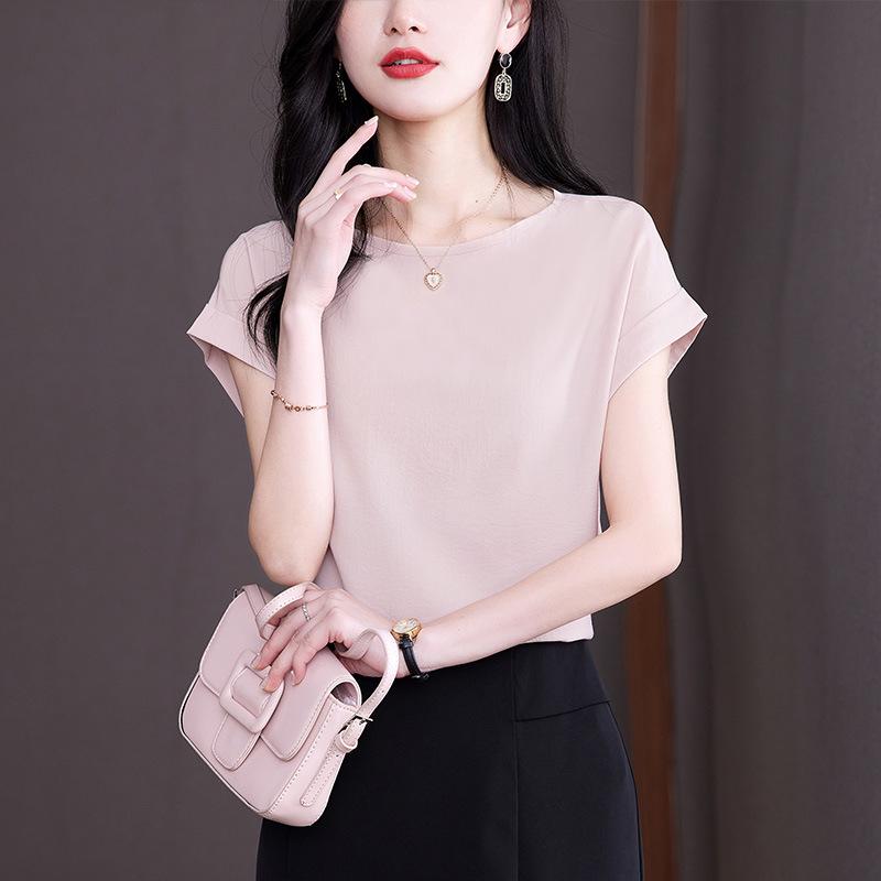 2023 Women's Slimming Short Sleeve Morandi Pink Ice Silk Cotton Casual Top