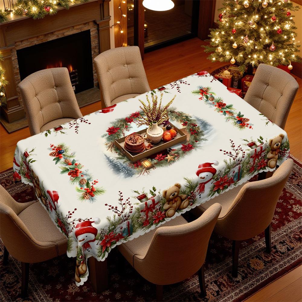 Christmas Snowflakes, Bear Bells, Printed Waterproof Tablecloth, European Style Dining Table Coffee Table Cloth Party Holiday Decorative Cloth