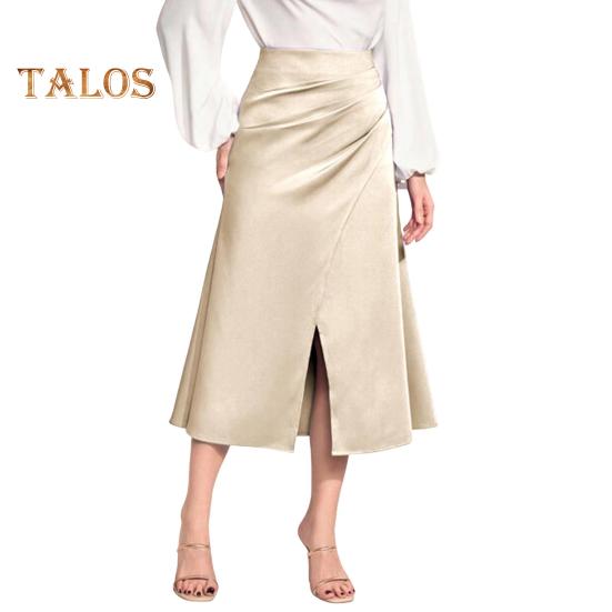 High-Waist Women Skirt Solid Color All-Match Style Pleated Skirt Slimming Design Slit Design Zipper Hip Wrapped Midi Skirt