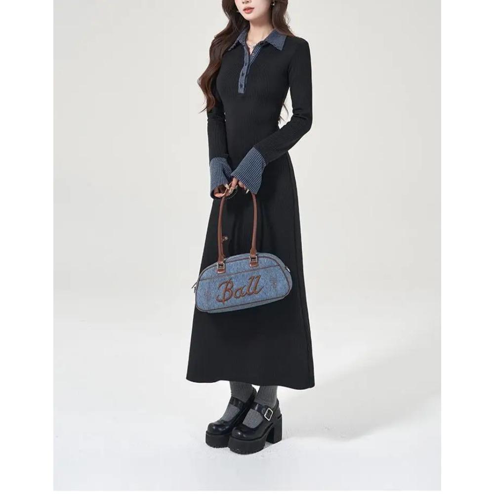 Korean Contrasting Color Lapel Long-sleeved Knitted Dress New Style High-end Waist Slimming Inner A-line Long Skirt for Women