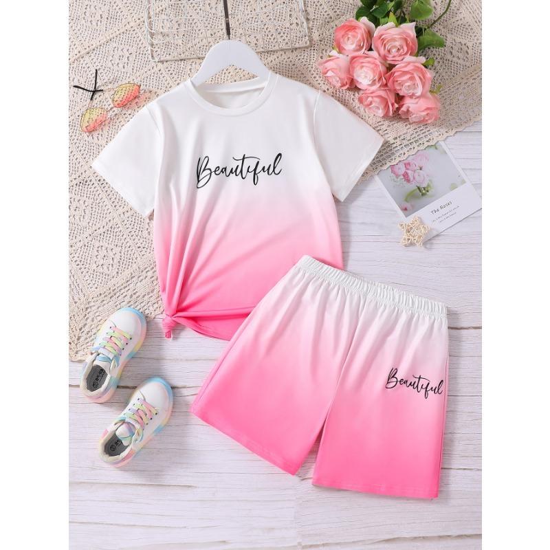 Best-Selling Sweet and Cute Girl's Summer Sika Deer Print Short-Sleeved Shorts Suit with Letters, Gentle and Fresh Style