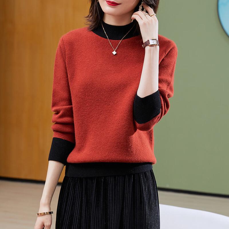 TUHUANG Women's 100% Pure Wool Semi-High Collar Knitted Sweater