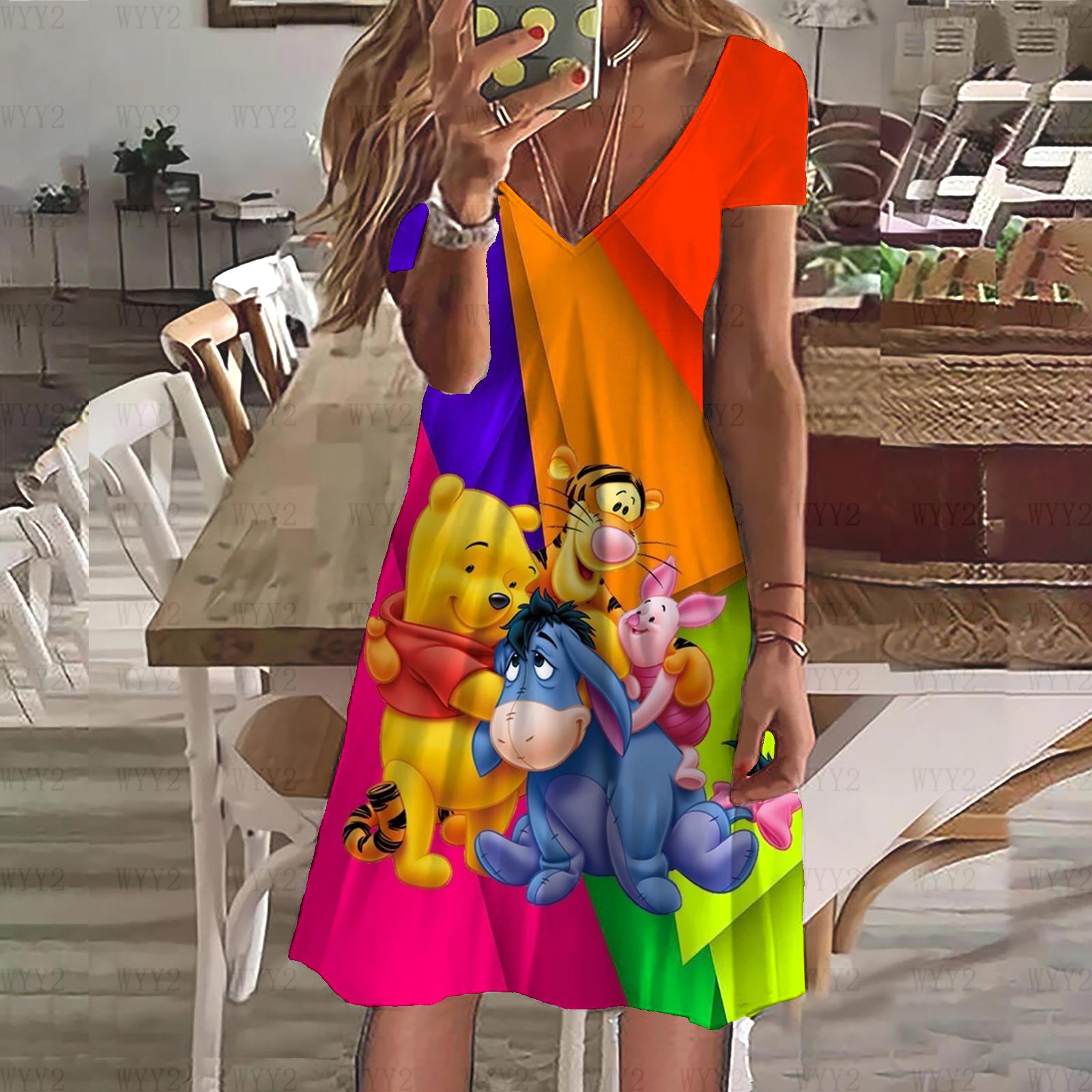 

Летнее женское платье с V-образным вырезом и коротким рукавом, повседневное, с принтом Disney Winnie the Pooh, женская простая пляжная ветреная одежда 8XL