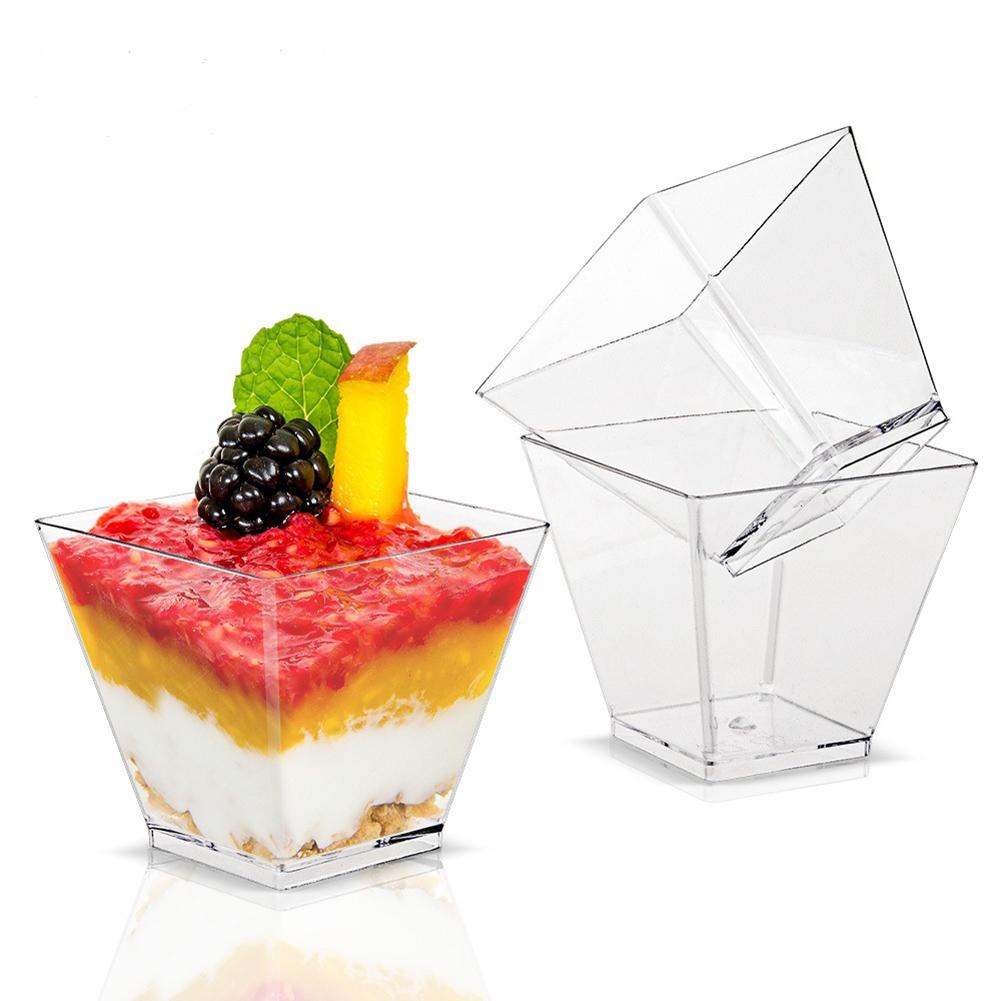 60ml Plastic Dessert Cup with Spoon Set Square Dessert Cup Disposable Supplies Reusable Accessories for Tasting Pudding Yogurt