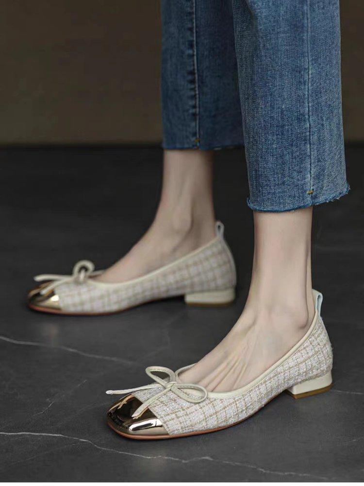 Bow Shallow Mouth Single Shoes Women's Spring and Summer 2025 New Ballet Shoes Soft Sole Metal Flat Shoes Women's Single Shoes