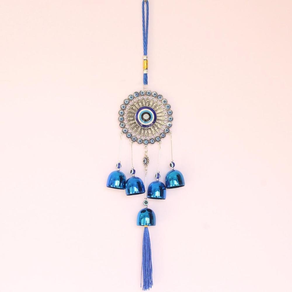 

Flower Plate Evil Eyes WindBell Wall Decor Hanging Ornament Feng Shui Hanging Bell Blessing Protection Metal Blue Eye Wind Chime