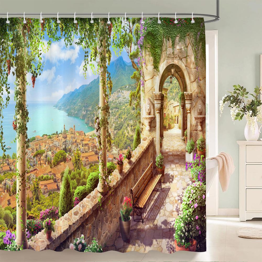 European Garden Patio Landscape Shower Curtains Beach Flowers Bathroom Curtain for Bathroom Polyester Waterproof Shower Curtain