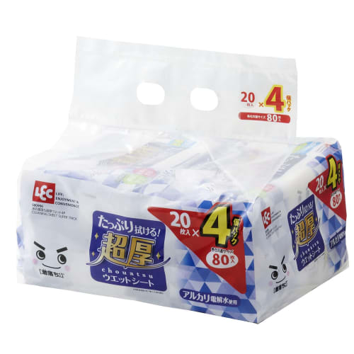LEC Super Thick Water-Removing Wet Wipes, 20 Sheets (4-Pack) for Flooring/Uses Alkaline Electrolyzed Water / S00996