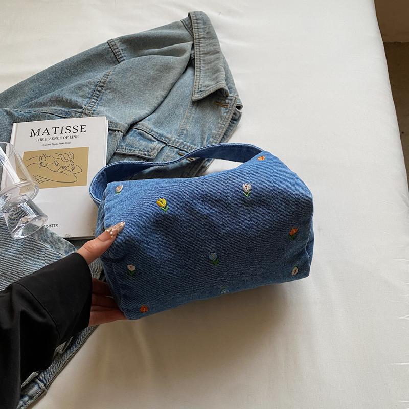 Denim Small Square Bag Flower Embroidery Lightweight Women's Shoulder Bag