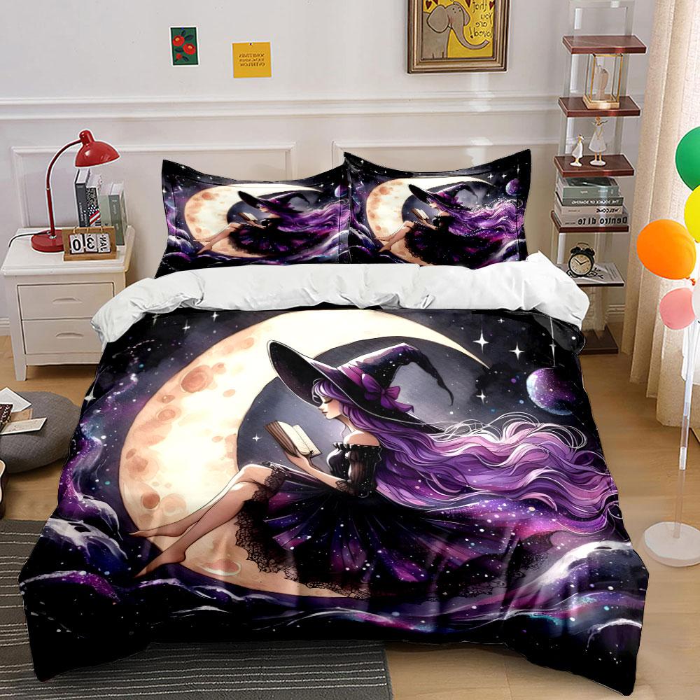 Elegant Witch Moonlight Reading Set Kid'S And Adults' Bedroom Decor, Exquisite Three-Piece Bedding Set Gift