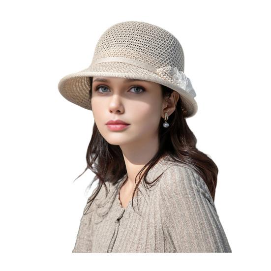 Women Basin Hat Flower Bow Decor Wide Brim Summer Bucket Hat Face-Slimming Outdoor Travel Beach Hat Headwear