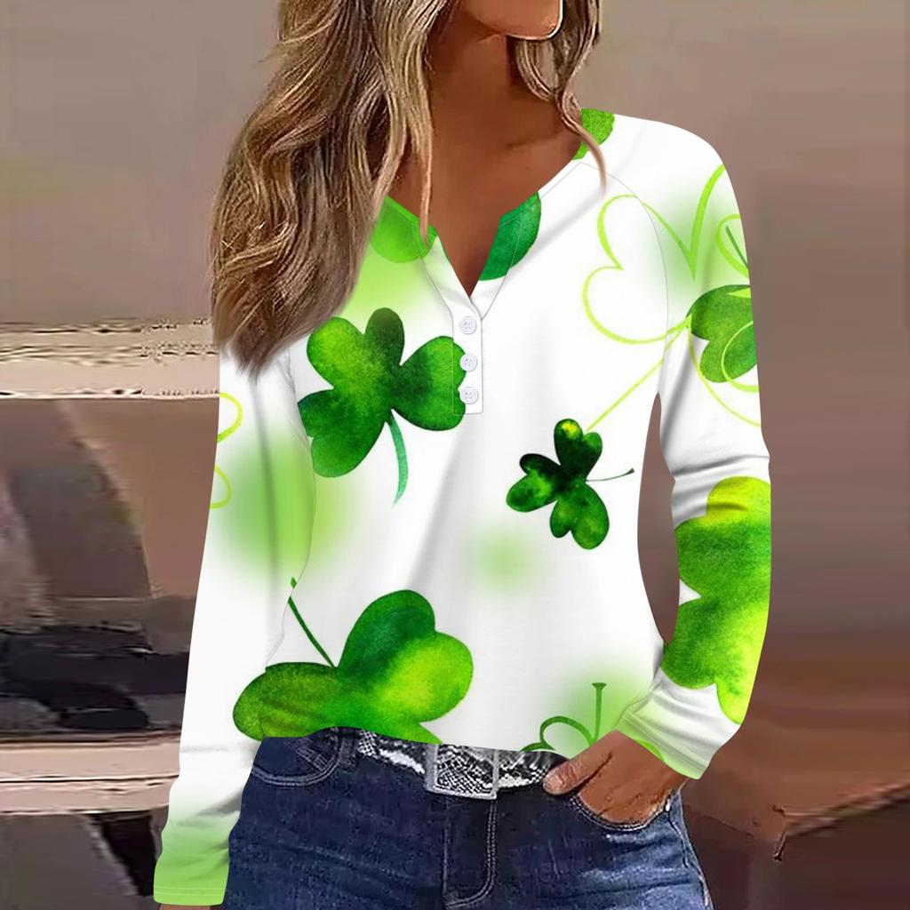 Women's Fashion Casual  Printed V-Neck Long Sleeve Button Down T-Shirt Top
