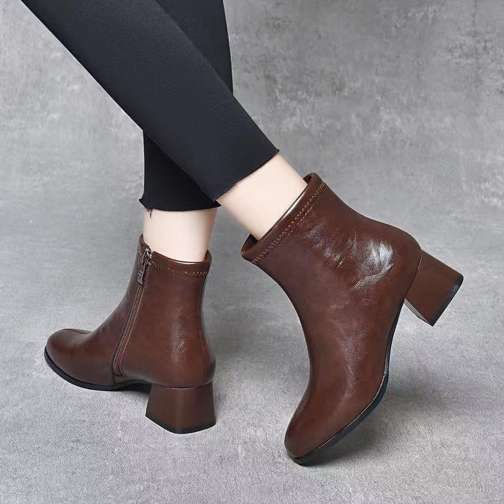 2025 Autumn/Winter Women's Square-Toe Ankle Boots - Chunky Heel, Genuine Leather, Fashionable, Versatile & Comfortable Warm Cotton Lining