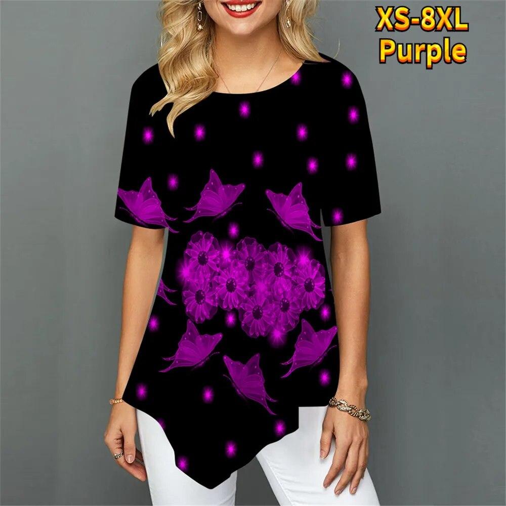 Mode Kurzarm Unregelmäßiger Saum Sommer Harajuku Digitaldruck Frauen T-Shirt Element O-Ausschnitt Straße Bequeme Damen Casual