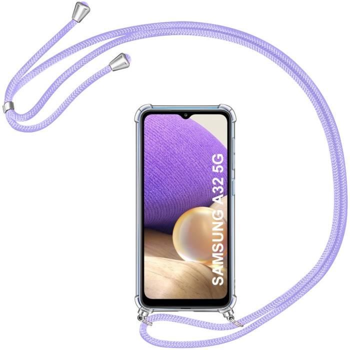 Coque avec collier cordon - BOOLING - pour Samsung A32 5G - Souple - Anti-rayure - Violet
