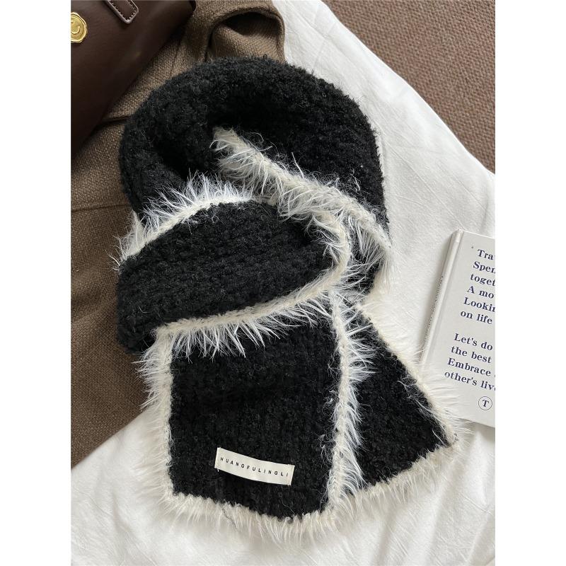 Autumn and Winter New Contrast Color Raw Edge Knitted Scarf for Women Korean Version Ins Fashion Warm Woolen Scarf Student Trend