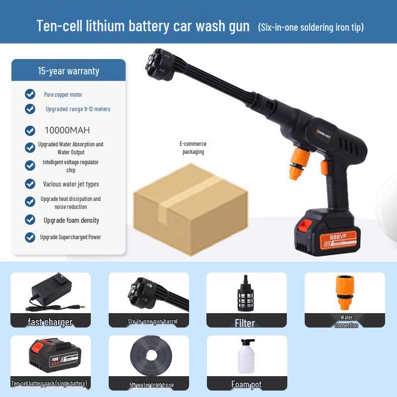 Portable Wireless Lithium Battery Car Washer: 10-Setting High-Pressure Water Gun with Six-in-One Head