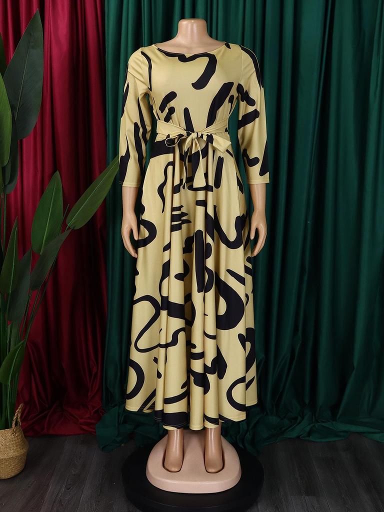 Women's 2024 Spring Lace-up Print African Plus Size Midi Dress