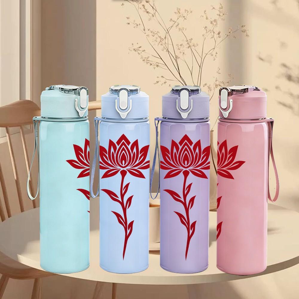 1PC Red Lotus Flower Art 750ml Color Plastic Sports Water Bottle Leakproof Flip Straw Lid Suitable for Sports Office Home Use