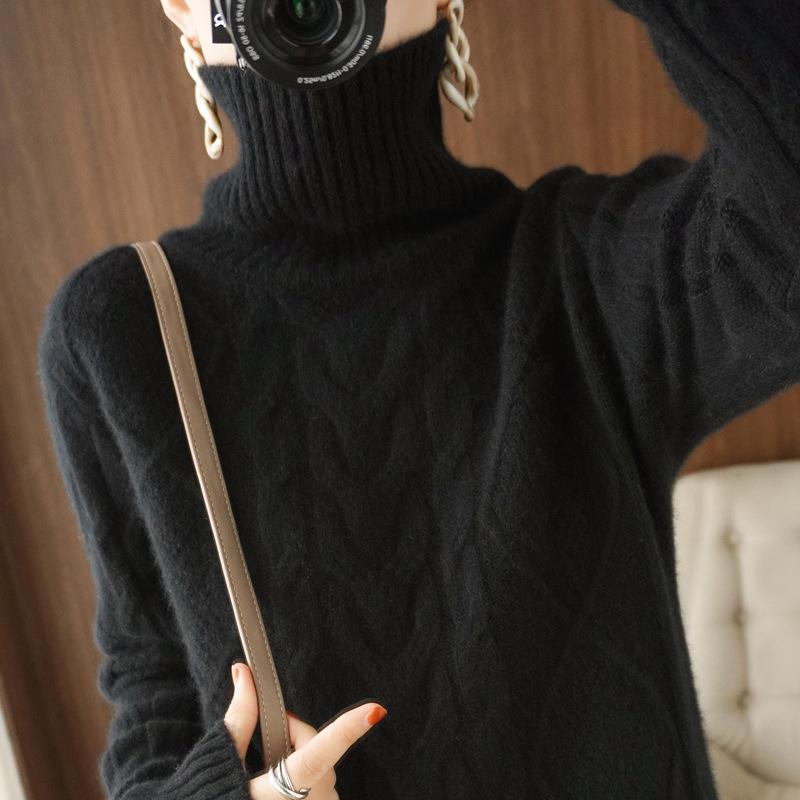 Women's Thick Winter Red Wool Cable Knit High Neck Sweater 