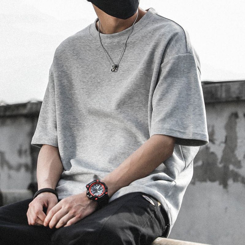 WTEMPO Brand Men's Solid Short Sleeve T-shirt Summer Loose Fashion Half Sleeve Top Breathable and Sweat-absorbing Round Neck Short Sleeve Pullovers