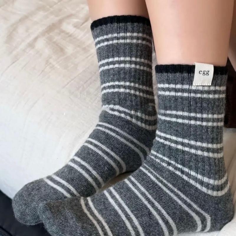 Korean Egg Cloth Label Warm Striped Socks Sheep Wool Mid-Leg Socks Women Versatile Atmosphere Stacked Socks