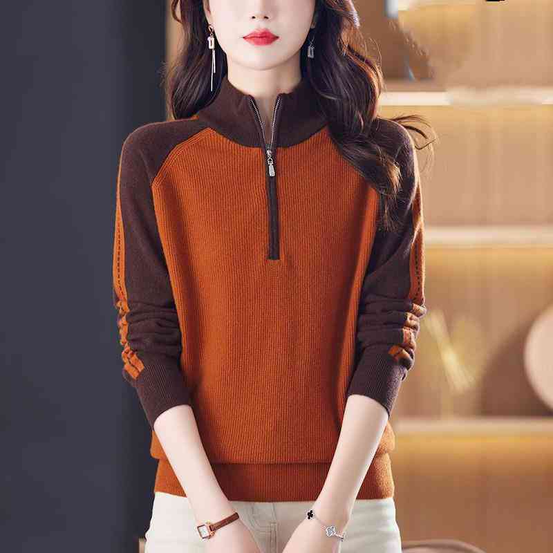 Women's Autumn/Winter Sweater with Zipper Color Blocked Sweater Outer Knitted Sweater Stylish