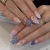 24pcs French Almond Press on Nails Flower Pattern False Nails Wearable Stick-on Nail Fake Nail Uñas Postizas