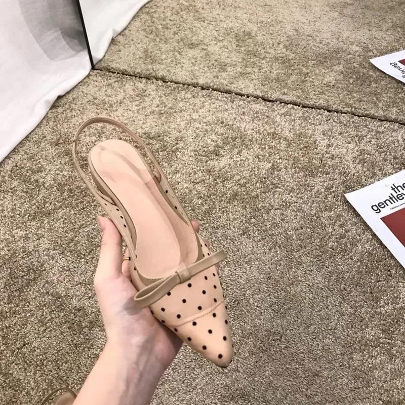 Fashion Elegant Woman Shoes 2025 Closed Toe Women's Sandals Fashion Pointed Toe Women Low Heel Slip on Bow Tie Polka Dot Shallow Sandal