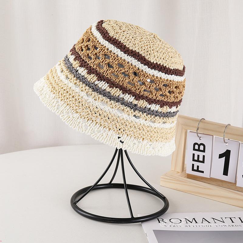 Summer Hollow Bucket Hat Colorful Stripe Sun Hat  Japanese Colorblock Bohimian Fisherman Hat Travel Beach Panama Cap Mom Gift