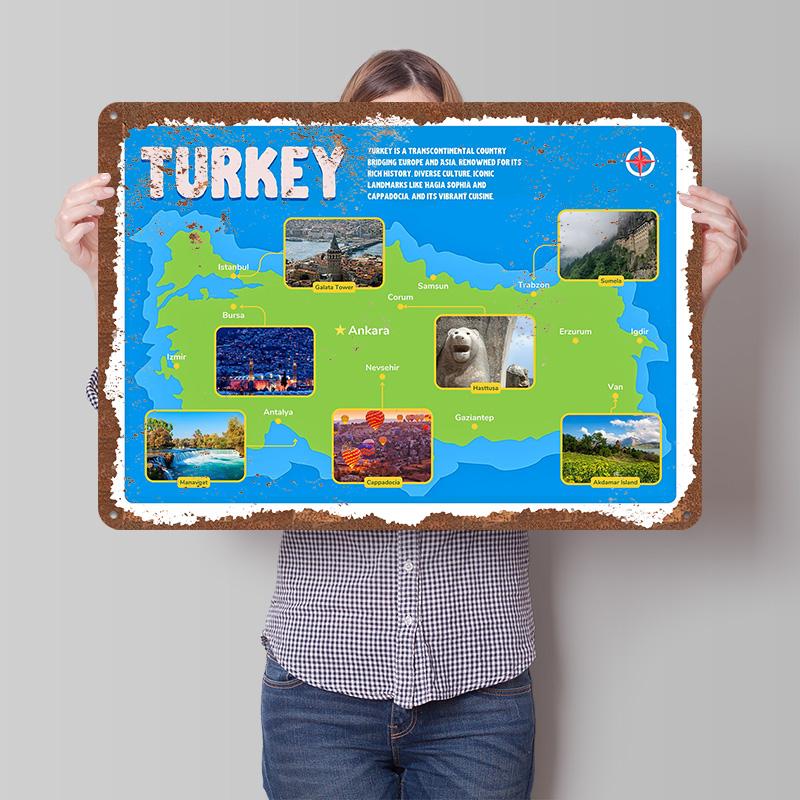 Turkey Map With Landmarks and Cities Printed Poster Customized Wall Art Retro Vintage Metal Tin Signs for Home Room Decorations 20X30CM