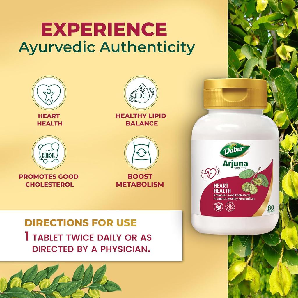 Dabur Arjuna Tablets - 60 Tablets Pack | Supports Heart Health, Manages Cholesterol, Boosts Metabolism & Promotes Cardiovascular Wellness